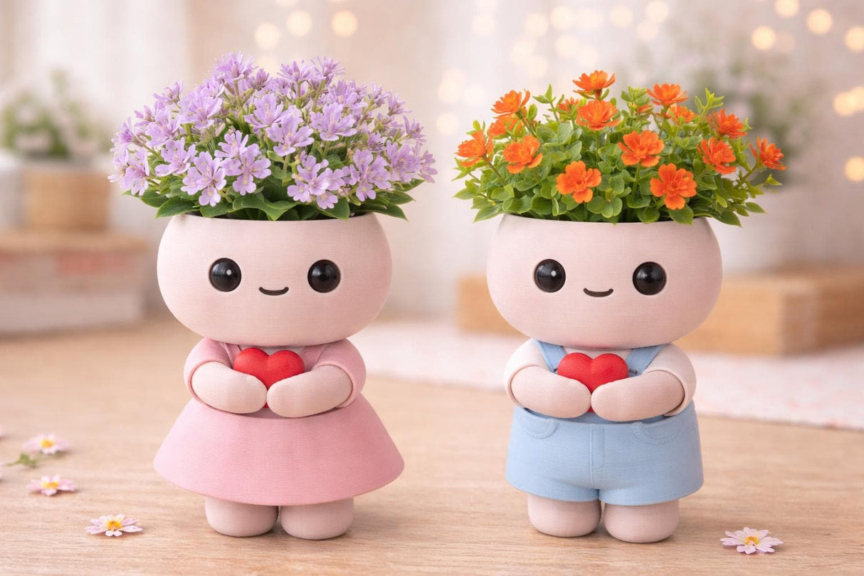 LV 3D Cute Couple Vase with Faux Flowers | 3D Printed Kawaii Flower Vase | Valentine Gift | Boy & Girl Decorative Vase - LV3DPrinting