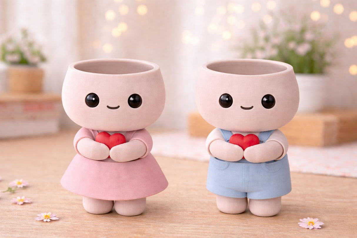 LV 3D Cute Couple Vase with Faux Flowers | 3D Printed Kawaii Flower Vase | Valentine Gift | Boy & Girl Decorative Vase - LV3DPrinting